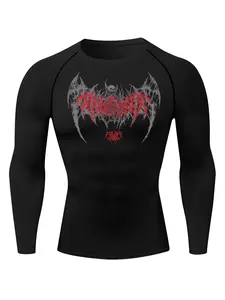 Men's Skull Wing Print Long Sleeve Tight-Fit T-Shirt, Spring & Fall Fitness Running Quick-Dry Breathable Sports Shirt, Athletic Top