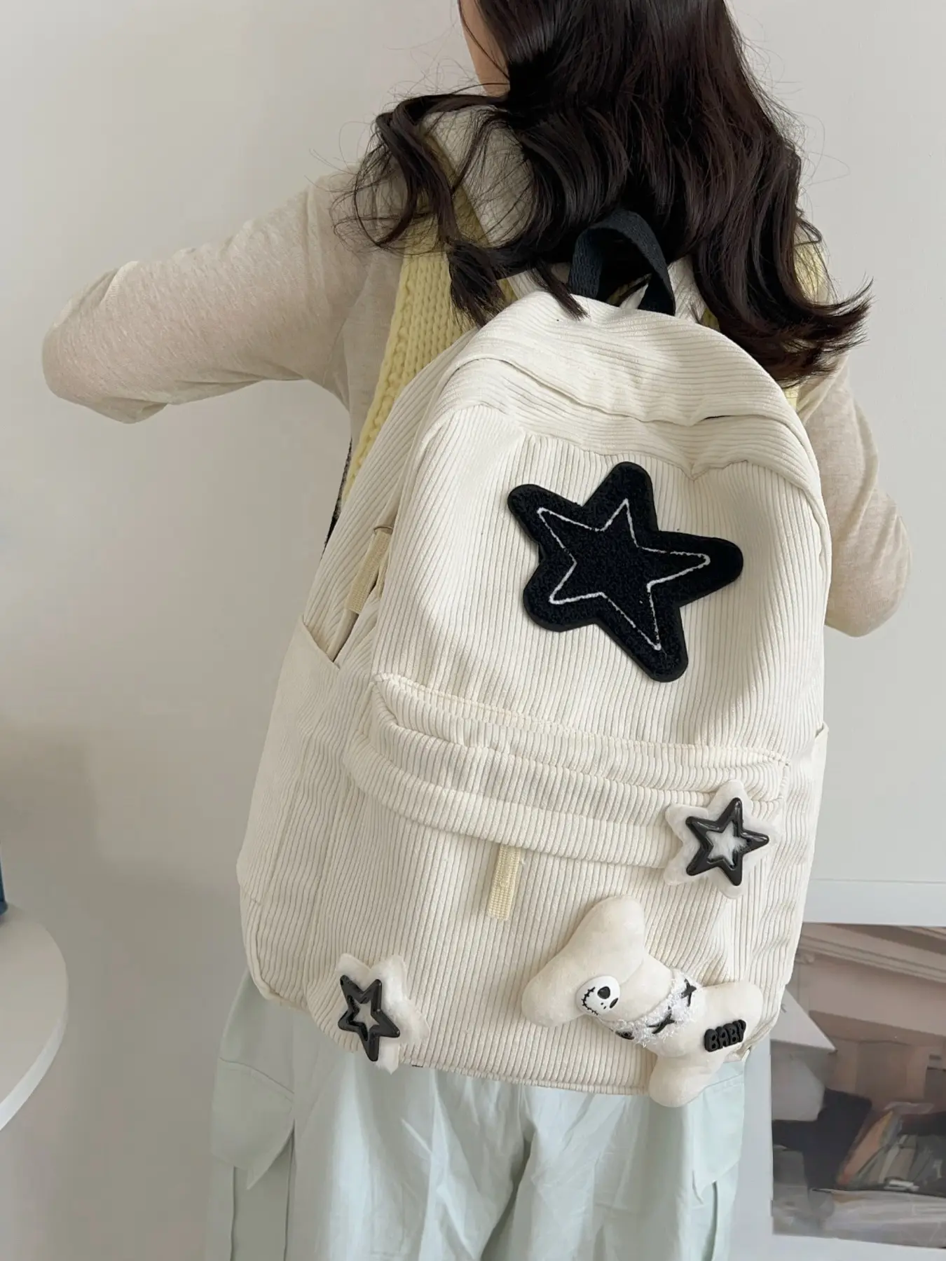 Fashion New Corduroy Large Capacity Star Backpack, Japanese Style Preppy School Bag for Women, Casual Dual Shoulder Bag, Casual Lightweight Backpack, Versatile Backpack, Backpacks Women