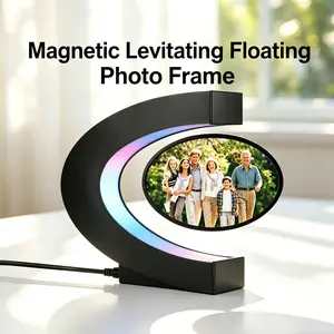 Mother's Day Gifts, Magnetic Levitating Floating Photo Frame,  LED Colorful Lights Magnetic Levitation Floating Rotating Picture Frame Display Stand, Night Light, Creative Gifts (C-Shaped), Home Office Room Table Decoration Wedding Gift