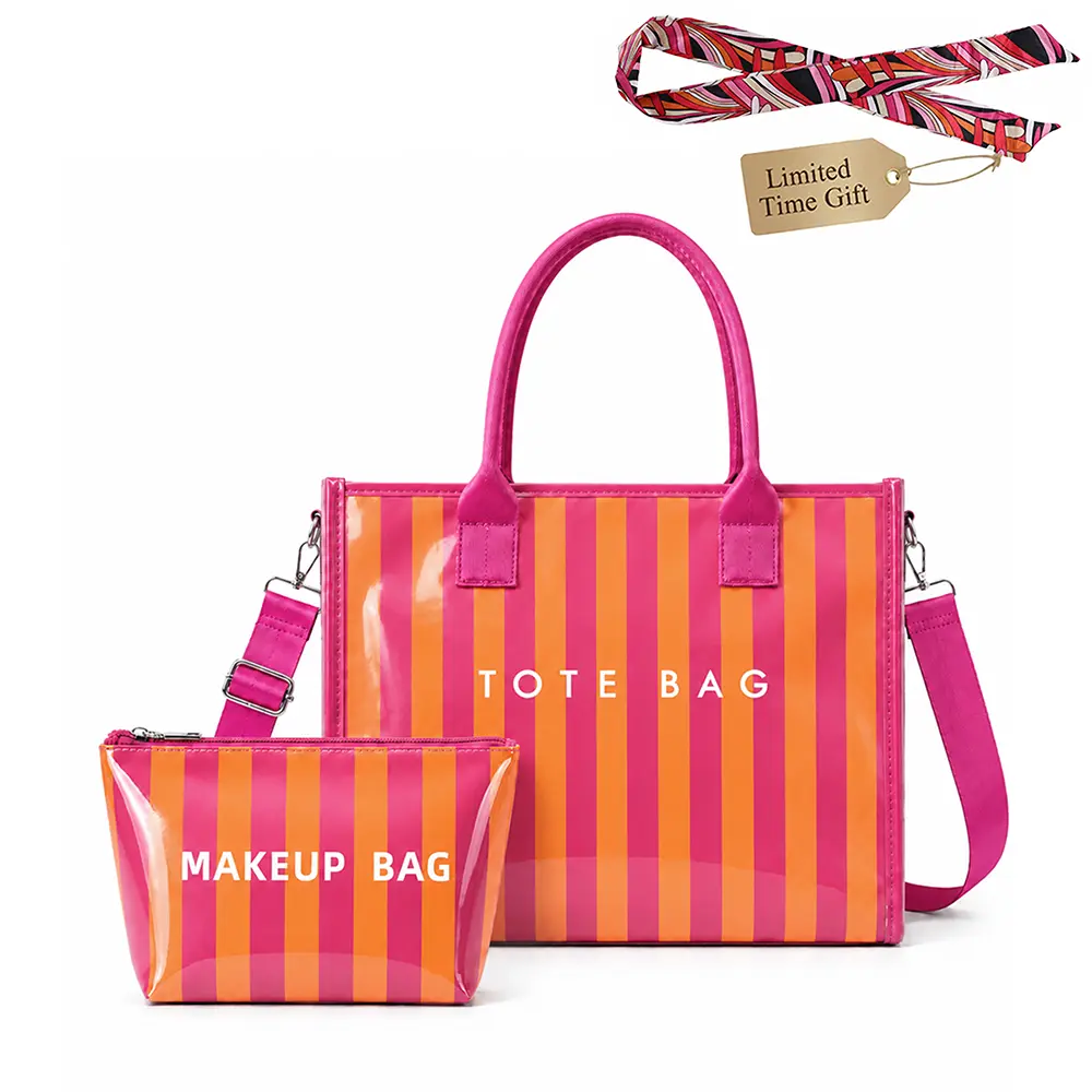 2Pcs Set Striped Tote Bag and Makeup Bag Waterproof Glossy Handbag Large Capacity Crossbody