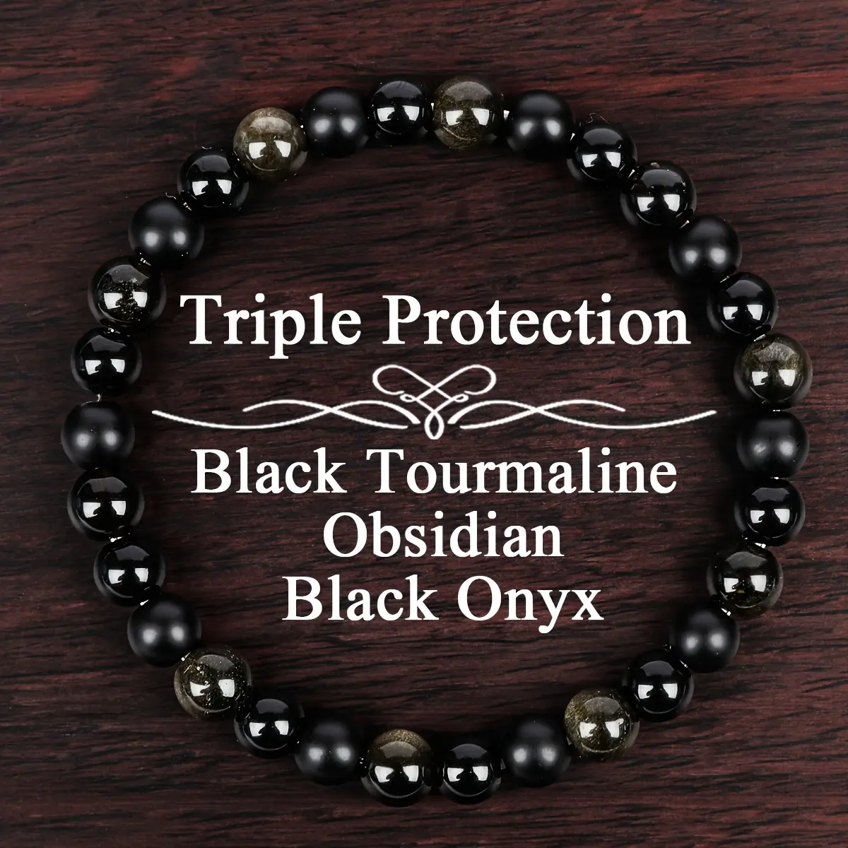 Women's Triple Protection Bracelet, Vintage Style 6mm Round Natural Gemstone Stackable Stretch Band, Female, Daily