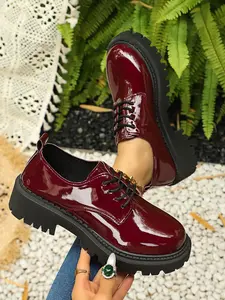 Vintage Wine Glossy Thick Sole Leather Shoes, Comfortable Tie Design, Perfect for College Style and Bold Looks, Versatile and Stylish