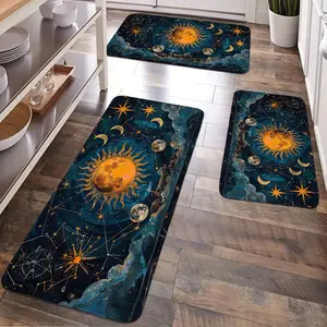 JIT 2/3 pieces of flannel sun, star, sky, moon pattern kitchen carpet set, flannel bedside set floor mat, non-slip washable bedside soft carpet, suitable for kitchen, laundry room, corridor floors, running pad carpet