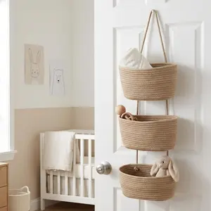 3 Tier Wall Mounted Woven Hanging Basket, Over the Door Hanging Basket with Hooks, Decorative Storage Hanging Closet Removable, Large Wall Basket for Living Room, Bedroom, Kitchen (Brown)