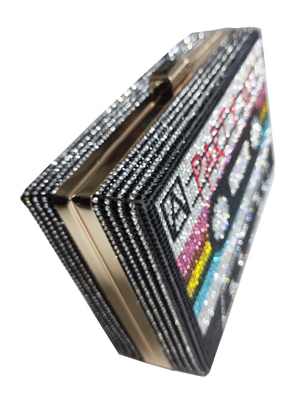 Women Cassette Tape Shape Rainbow Party Crossbody Bag Rhinestone Metal Vintage Evening Clutch Purses