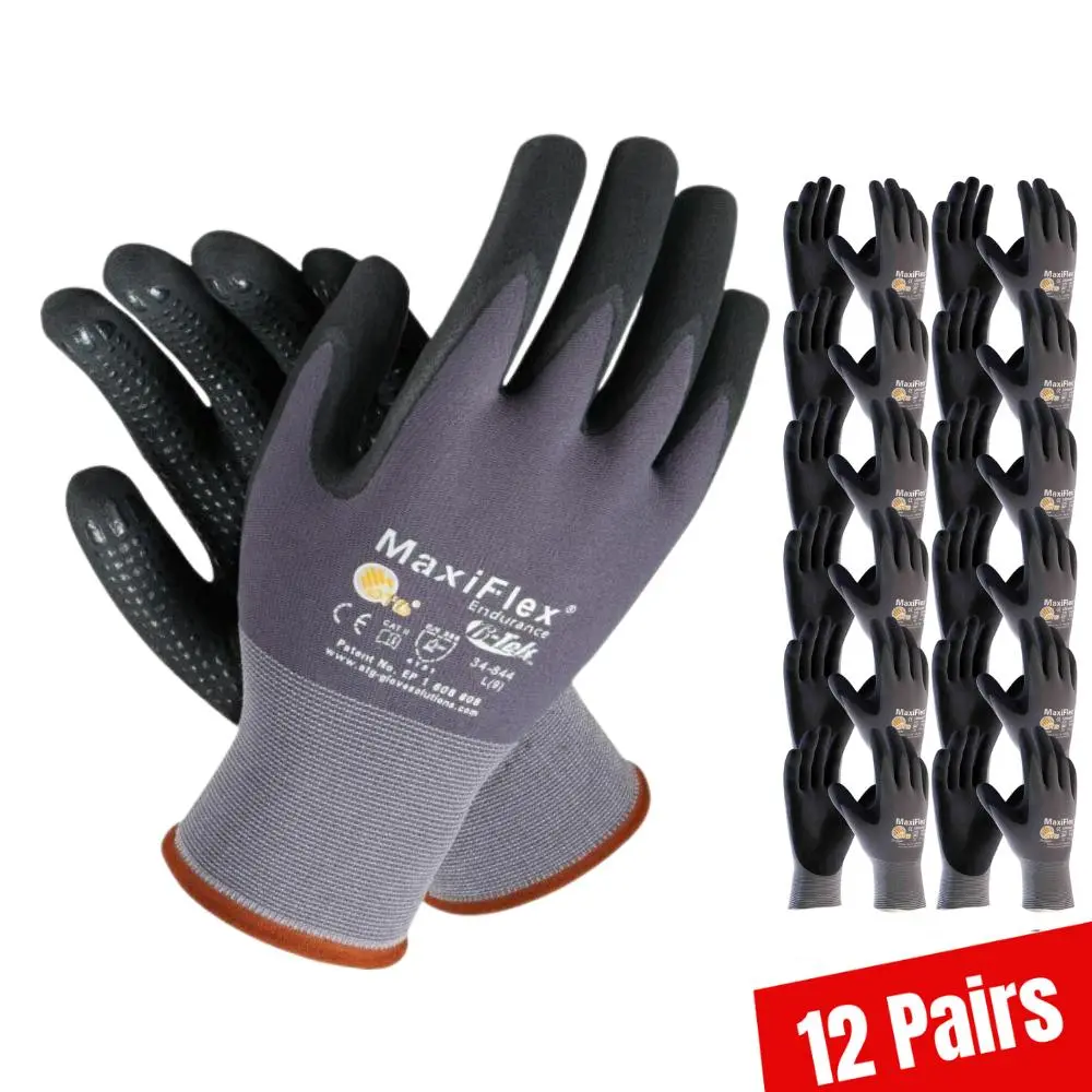 6/12 Pairs MaxiFlex 34-874 Work Gloves for Men, Superior Grip, High Dexterity & Endurance, Nitrile Coated Construction Safety Gloves