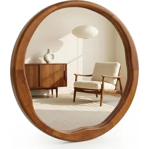 Walnut Round Wall Mirror 30 Inch, Large Solid Wood Framed Mirror with Wavy Inner Edge, Mid-Century Decor for Living Room, Dining Room & Entryway
