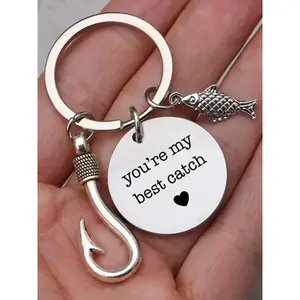 Letters Heart Print Round Shaped Keychain with Fish Hook Charm Stainless Steel for Men Women Car Keys Bag Decoration