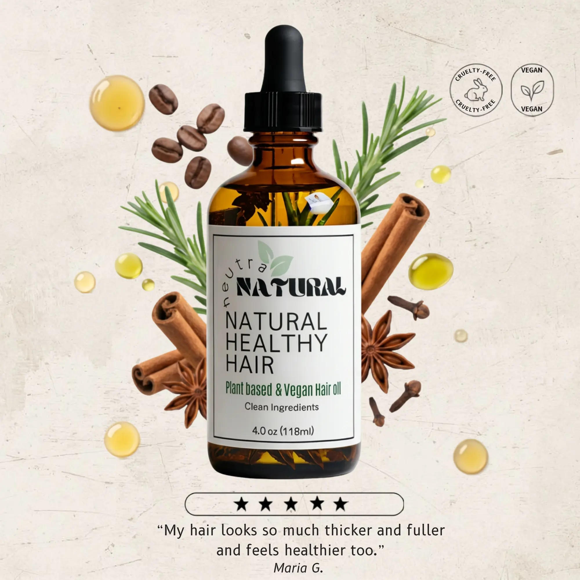 Neutra Natural Botanical Hair Oil - Lightweight Vegan Plant-Based Haircare Formula with Rosemary, Castor, Coffee, Olive, Grape, Tea Tree Oils, Cinnamon & Vitamin E for Wavy Hair, Scalp Care Routine & Strengthening Regrowth