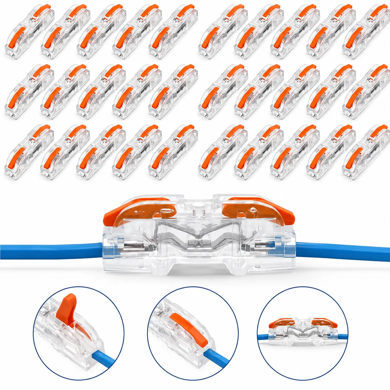 10/30/50/90PCS 2-Port Lever Wire Connectors, 1-In 1-Out Reusable Inline Electrical Connectors for 28-12 AWG Wires, Tool-Free Terminal Blocks for Home Wiring & Lighting