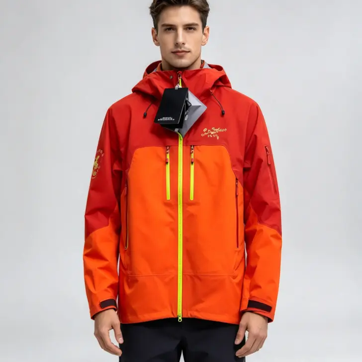 Red And Orange Color Block Hooded Outdoor Hard Shell Jacket Waterproof Windproof Full Zip Rain Coat For Mountain Hiking Camping Trekking Daily Outdoor Adventures