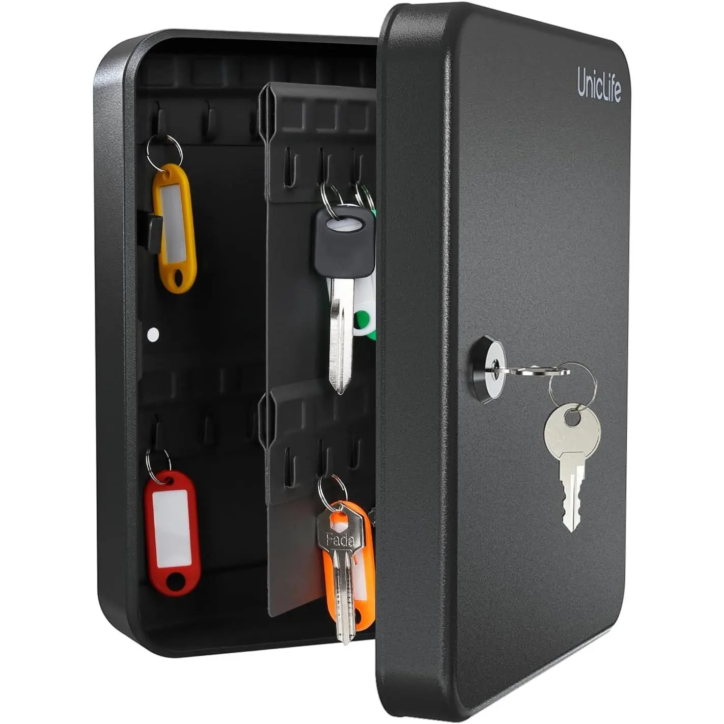 48-Key Steel Key Cabinet with 2 Unlocking Keys Wall Mounted Key Organizer Black Frosted Security Box with Hooks and Key Tag Labels Identifiers in 9 Assorted Colors