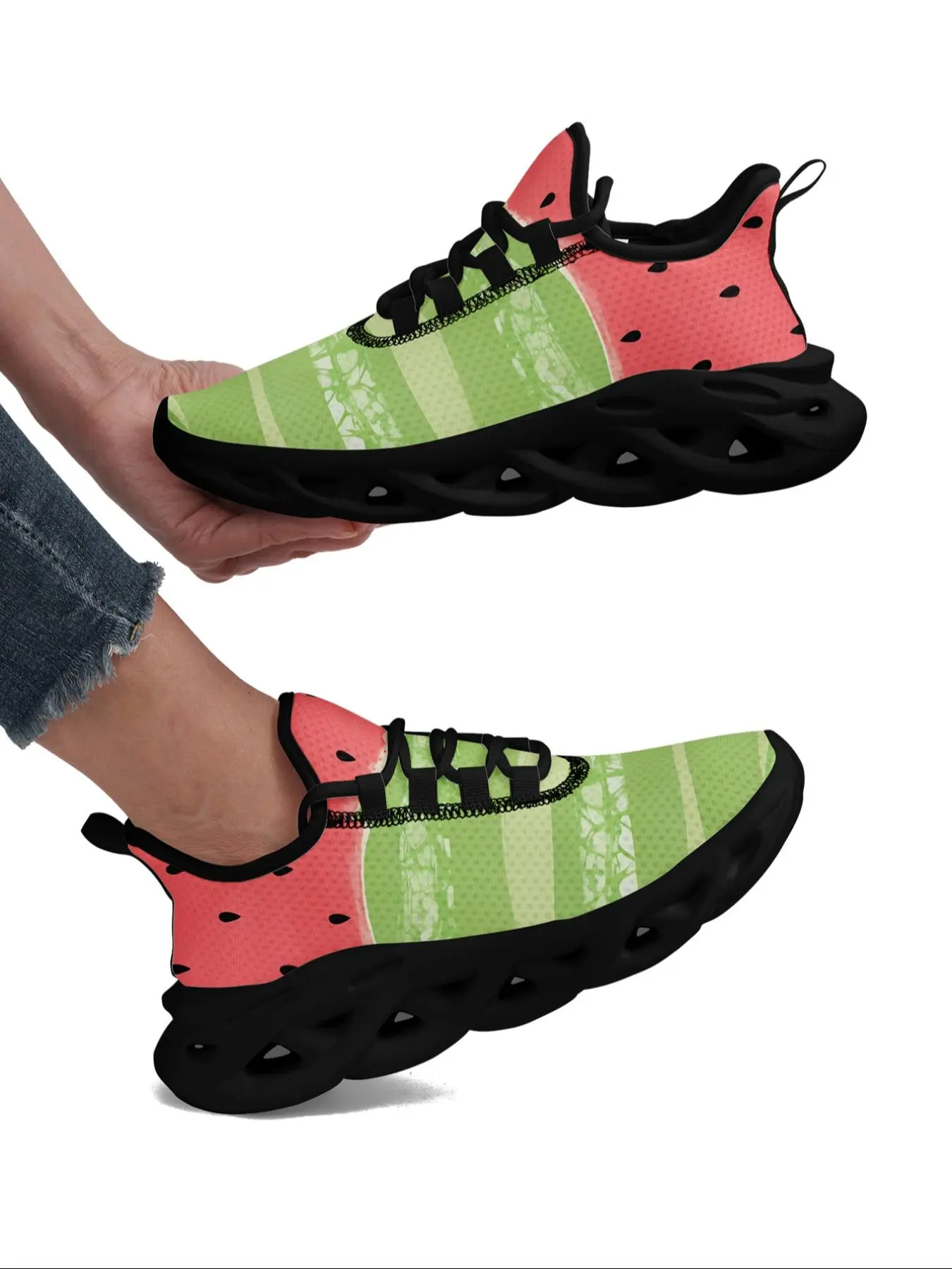 Women's Watermelon Colorblock/Butterfly Print Lace Up Low Top Sneakers, Fashion Comfort Sports Running Shoes, All-match Round Toe Chunky Sneakers for Daily Wear