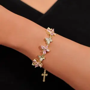 Y2K Aesthetic Butterfly Charm Bracelet, Gold-Tone Pink Crystal Adjustable Bracelet, Great for Coquette Style, Stackable Jewelry, Trendy Accessories