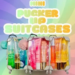 Decoreys Mini Puckerup Suitcases - 3 Lip Glosses & Soft Scrunchie - Travel-Friendly Size - Perfect for Kids Teens & Glam-On-The-Go Babes - Includes Free Stickers Charms Minis & Accessories - Lipgloss