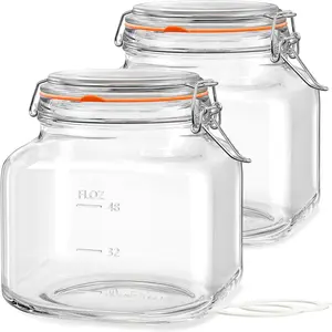 Large Glass Jars with Airtight Lid, 2 Pack Glass  Storage Jars with 2 Scale Marks, Square Glass Canisters for Flour, Cereal, Coffee, Pasta, Cookies, Pickle, 0.6 Gallon Wide Mouth Mason Jars