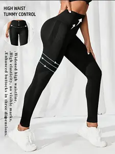 Women's 2pcs Solid Color High Stretch Leggings for Women - Tummy Control, Shirred Elastic Waist, Long Length, Polyamide-Elastane Material - Ideal for Fitness, Activewear