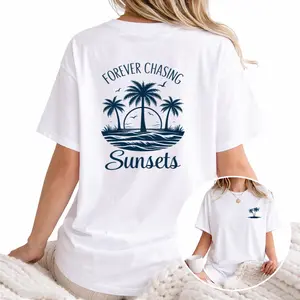 Coastal Casual Women’s T-Shirt with Palm Tree and Beach Sunset Graphic, Short Sleeve