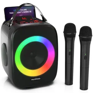 Karaoke Machine for Kids and Adults with 2 Wireless Bluetooth Microphones, Portable 3D Sound Speaker with Colorful LED Lights, Supports TF Card/USB, AUX in, FM, TWS for Home Party, MASINGO Cantando C2