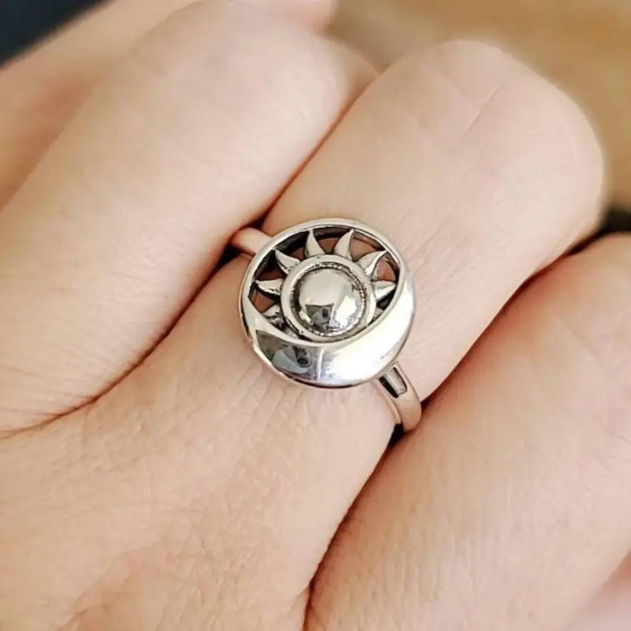 Sterling Silver 925 Sun Eclipse Moon Ring