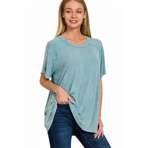 Zenana Washed Ribbed Short Sleeve Boat-Neck Top