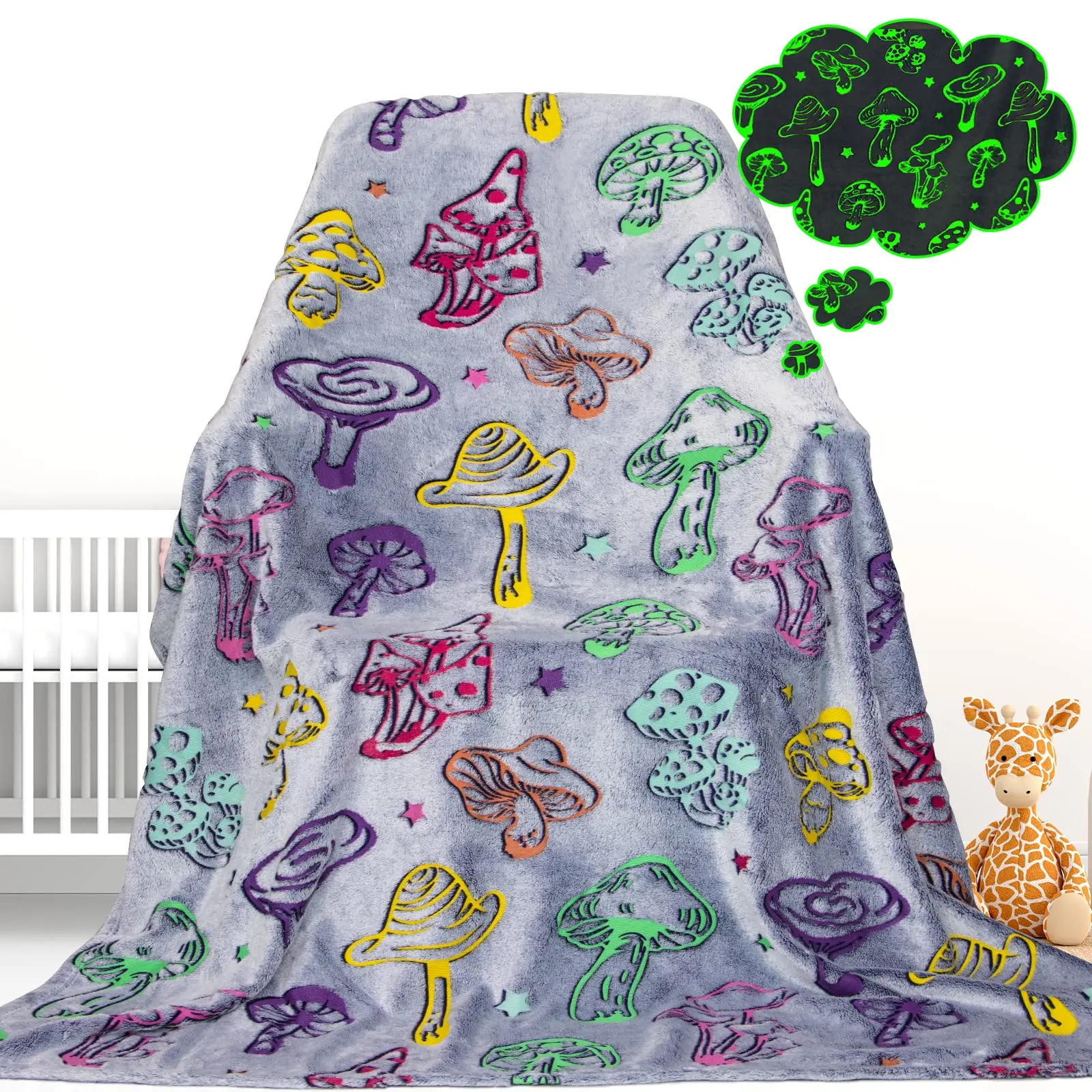 Bedroom Decor Glow in The Dark Cartoon Mushroom Print Blanket, Christmas Decor Soft Flannel Throw Blanket, Room Accessories Colorful Luminous Blanket
