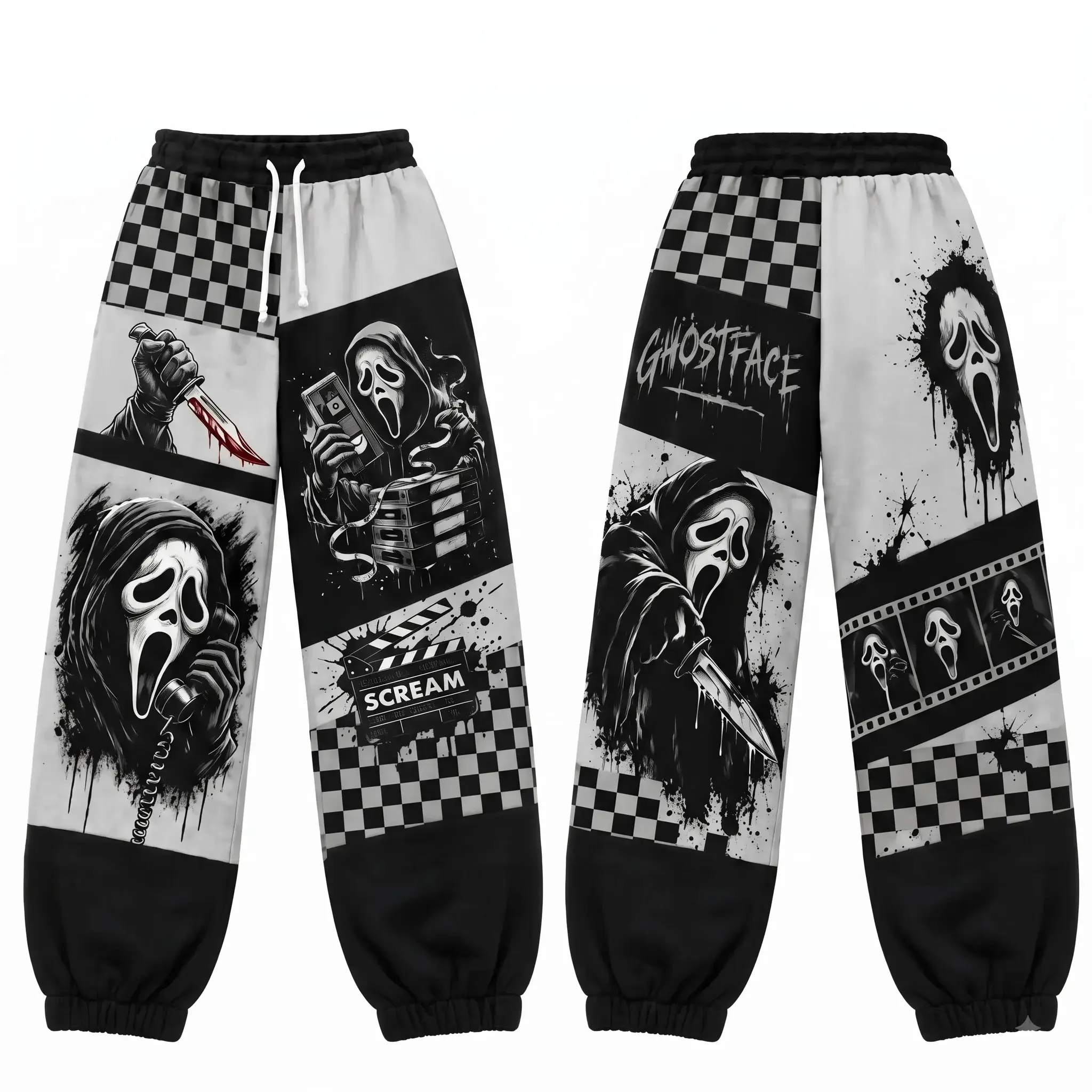 Halloween Horror Sweatpants, Black White Graphic Wide Leg Pants, Checkerboard Mask Print Joggers, Unisex Casual Lounge Trousers