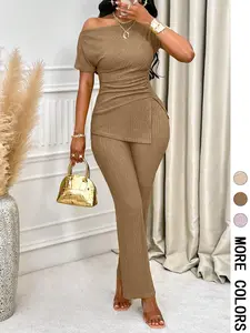 Two-piece Set Women's Solid Asymmetrical Neck  Tee & Pants Set, Elegant Fashion Casual Top & Trousers for Everyday Daily Outdoor Wear, Women's Clothing for All Seasons