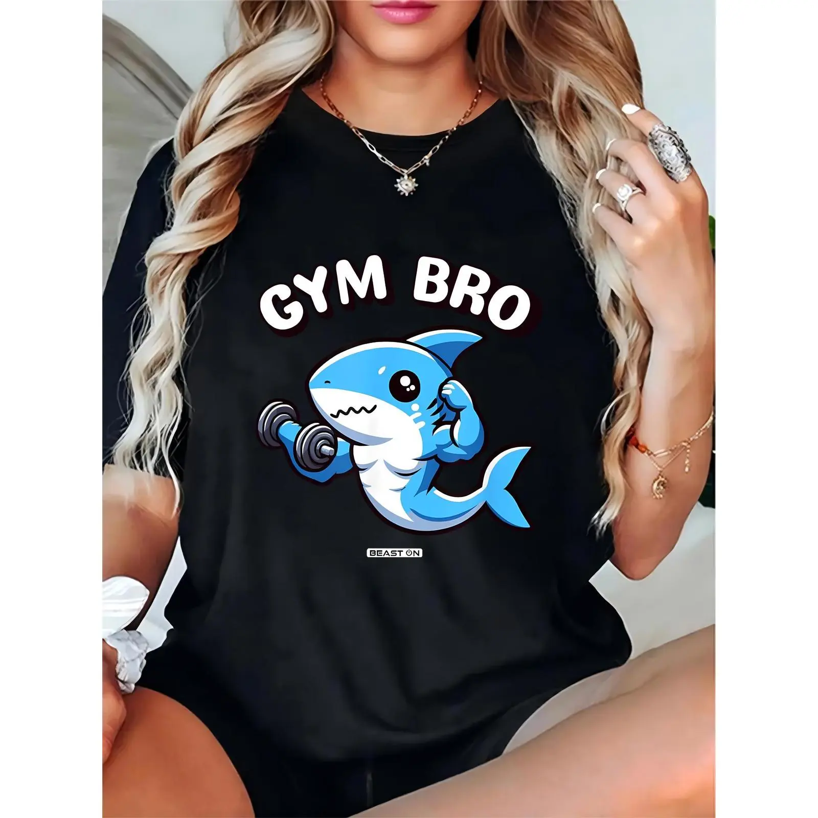 Unisex Black Gym T-Shirt: Cute Cartoon Shark Lifting Dumbbell, 'GYM BRO' Print – Ideal for Fitness Lovers, Workout Sessions, Casual Daily Wear