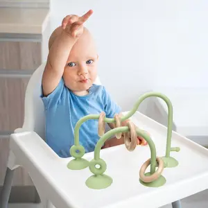 Baby Sensory Silicone Wooden Ring String Toy, 1 Set Including 2 Counts Silicone Suction Cup Track Toy & 5 Counts Wooden Rings, Learning Toy for Infant & Toddler, Sensory Teether
