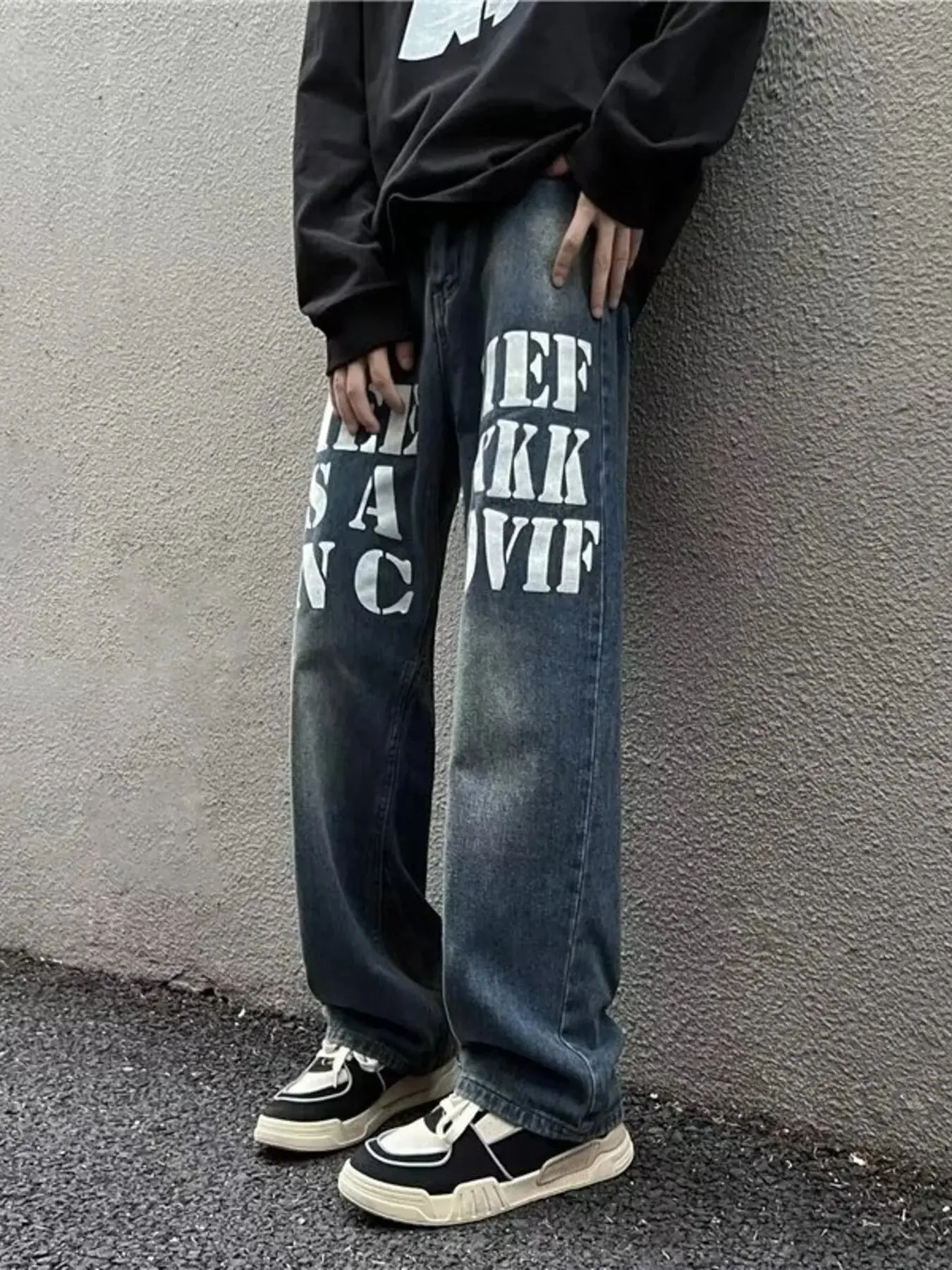 Men's Cotton Denim Wide Leg Jeans - Full Size, Letter Graphic, Plus Size Menswear Pants & Clothes