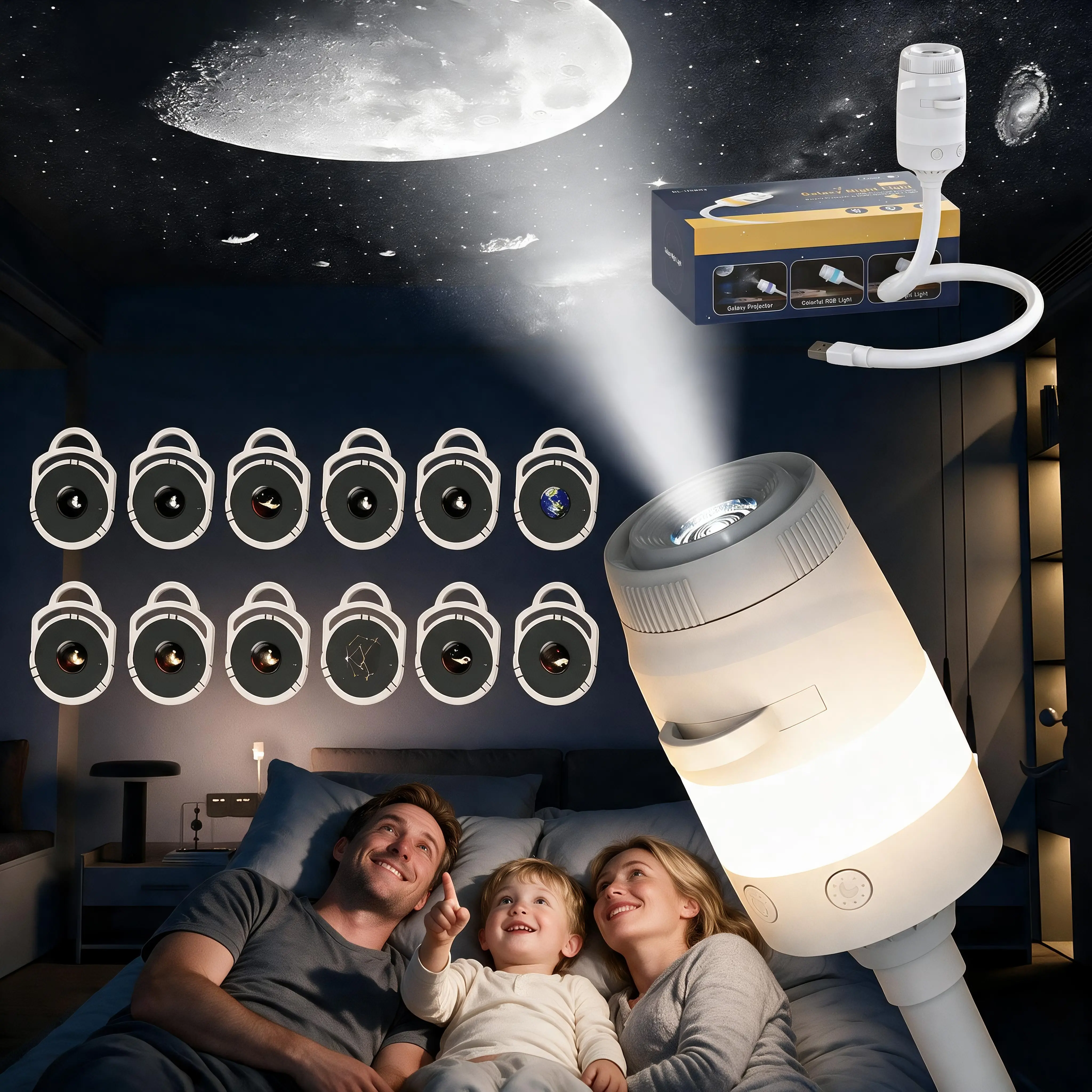 2-in-1 Galaxy Projector,Night Light & Nebula Lamp with Multiple Slide Discs, USB Rechargeable Portable for Bedroom Kids Room Home Theater Ceiling Decor, Calming Sleep Gift for Teens Girls Boys Adults Family