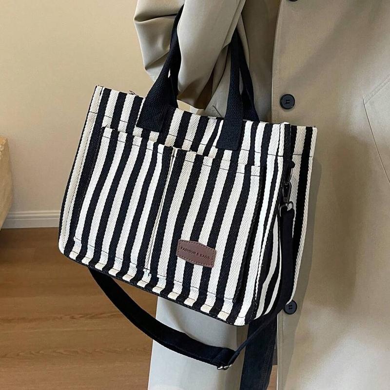 Stylish Black White Vertical Stripe Canvas Tote Bag with Shoulder Strap – Lightweight, Casual, Spacious, Durable Handbag for Women – Daily, Work, Travel, School Use