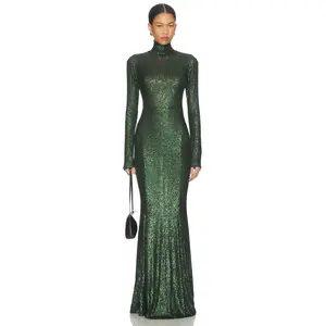 Norma Kamali Long Sleeve Turtle Fishtail Gown in Dark Emerald