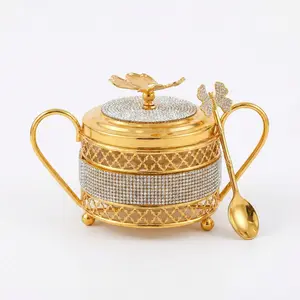 Luxury Crystal-Studded Sugar Bowl with Lid and Spoon, Elegant Double Handle Design, Perfect for Home & Tea Lovers, Stylish Aesthetic Kitchen Accessory