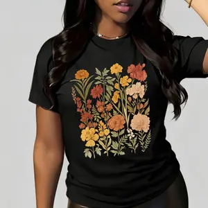 Women'S Black Floral Print T-Shirt - Short Sleeve Crew Neck Casual Top with Multicolor Floral Design, Soft Comfortable Fabric for Spring & Summer White Womenswear