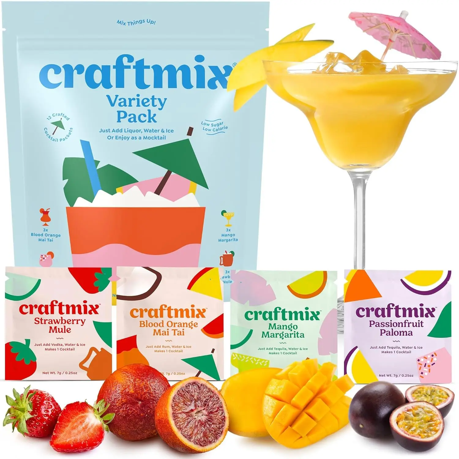 Craftmix Variety Pack Cocktail & Mocktail Drink Mixer, Pack of 12 | Skinny Mixes, Water Flavoring Packets, Made with Real Fruit, Vegan Low-Carb, Low-Sugar, Non-GMO, Dairy Free, Gluten Free