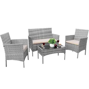 HOMALL 4 Pieces Patio Porch Furniture Sets PE Rattan Wicker Chairs Beige Cushion with Table Outdoor Garden Patio Furniture Sets