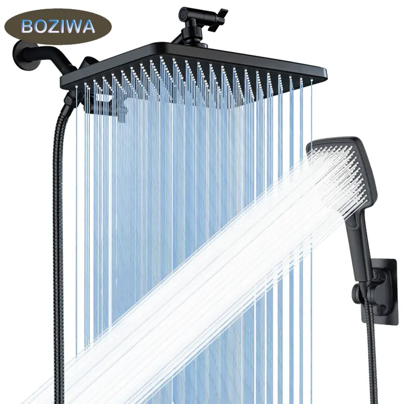 11.8 inch high pressure rain shower head, dual showerhead combo with 3-mode handheld spray, 9.65'' extension arm, 59'' hose, showerhead holder, 3-way water diverter, leak-proof washer,teflon tape, bathroom accessories