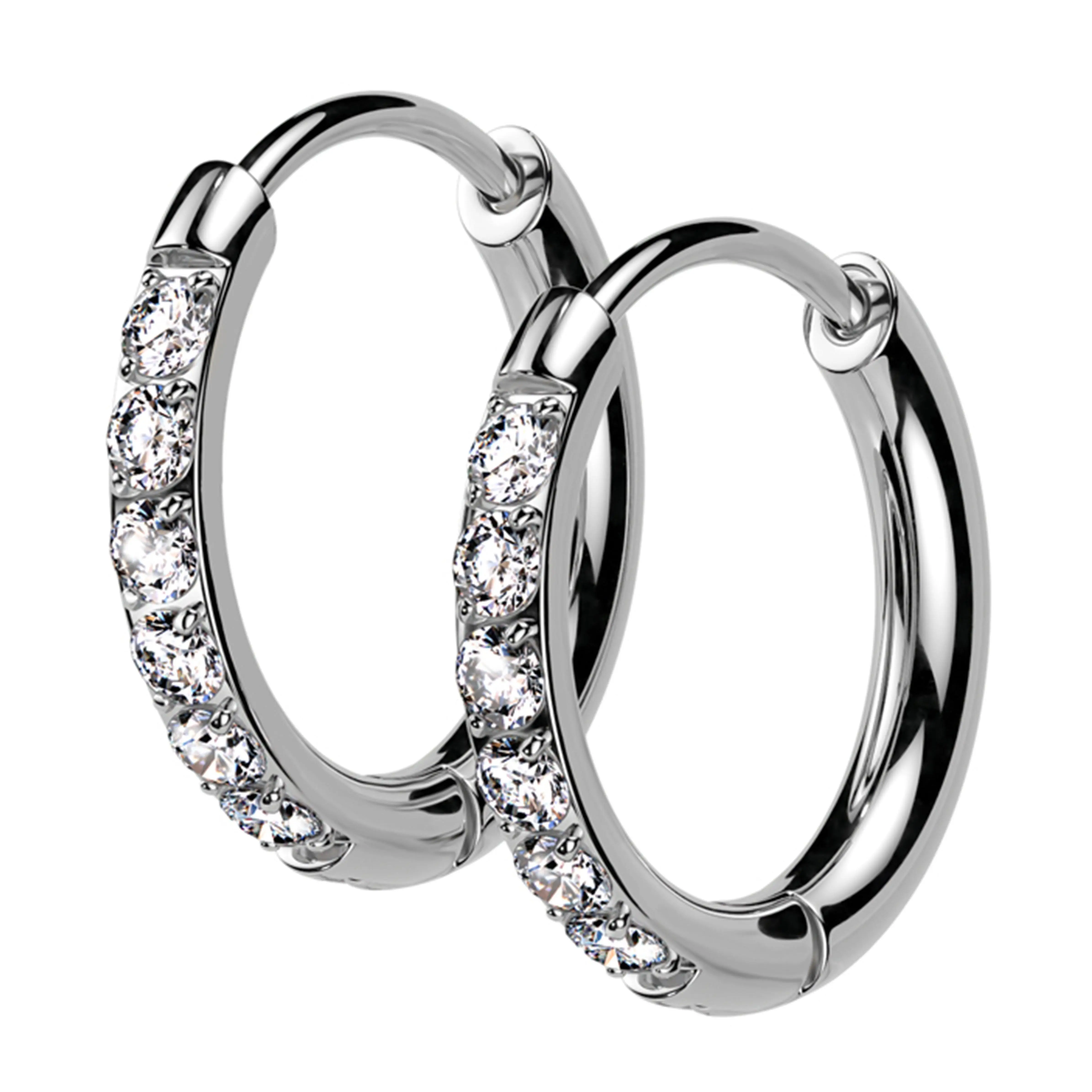 Clear CZ Hoop Stainless Steel Hinged Earrings