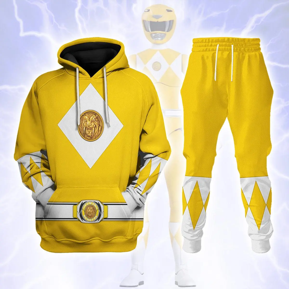 Yellow Hero Hoodie and Jogger Set, Tiger Emblem Diamond Graphic Tracksuit, Retro Superhero Costume Matching Two Piece Outfit