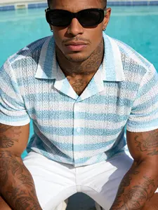 Men's Cuban Collar Knitted Jacquard Stretch Short Sleeve Shirts, Striped Casual Soft Breathable Button Down Tops for Summer Beach Wear, Menswear