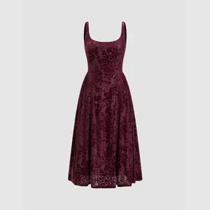 Cider [2 colors, size 0-26] Velvet U-neckline Floral Pleated Midi Dress