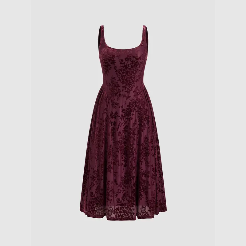 Cider [2 colors, size 0-26] Velvet U-neckline Floral Pleated Midi Dress