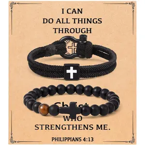 Christian Cross Bracelet for Men Him Dad Father Godfather Grandfather Grandpa Husband, Inspirational Faith Based Jesus Bracelets Gifts for Easter Basket Stuffers