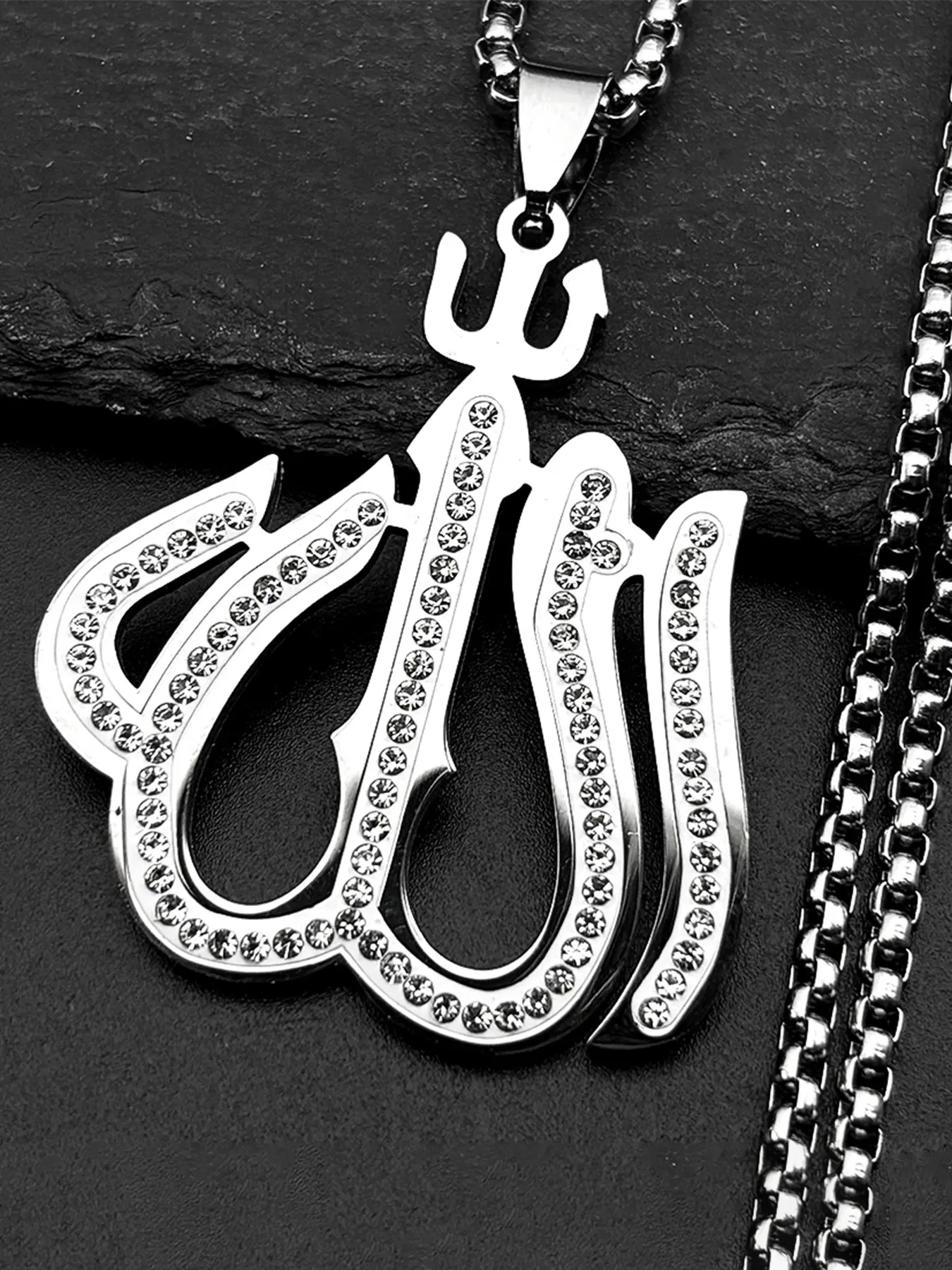 Islamic Arabic Allah God Full Rhinestones Faith Pendant Necklace Fashion Chain Decorated for Men Women Stainless Steel Gold Color Muslim Chain Amulet Sparkling Rhinestones Chains