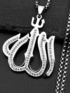 Islamic Arabic Allah God Full Rhinestones Pendant Necklace for Men Women Stainless Steel Gold Color Muslim Chain Amulet Sparkling Rhinestones Chains
