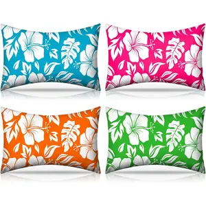 4 Pack Inflatable Beach Pillows with Removable Washable Covers, Hawaii Tropical Palm Leaf Hibiscus Flower Pattern Portable Air Pillows for Vacation Travel Sand Tanning Pool