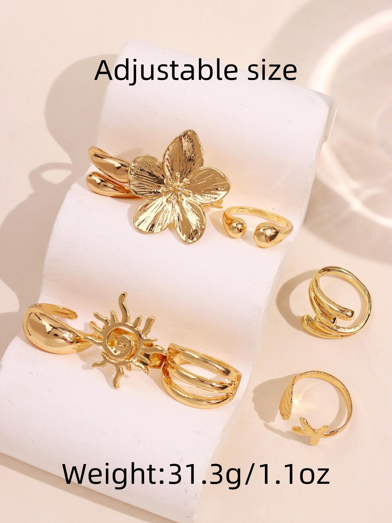 8-piece set: fashionable, bold, unique, high-end, elegant, refined, sparkling, chic, versatile, luxurious jewelry set featuring sunflower and seashell motifs with irregular geometric cutout designs—rings for women’s everyday wear, holiday parties, and sum