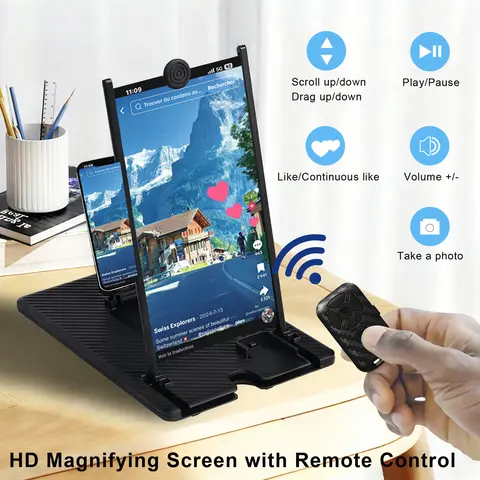 New 12-Inch Bluetooth Mobile Phone Magnifier - Ultra-HD Screen Amplifier, Remote Control for Short Videos, Comfortable for TV & Movie Viewing, Vertical Screen Compatible with Landscape & Short Video Modes, Eye Protection, Full-Screen Phone Magnification